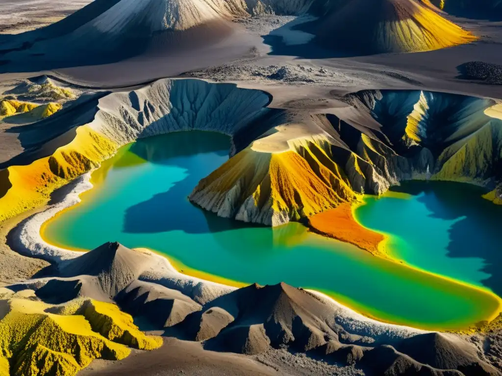 Imagen detallada de un paisaje volcánico con depósitos de azufre, mostrando interacciones minerales del ciclo del azufre