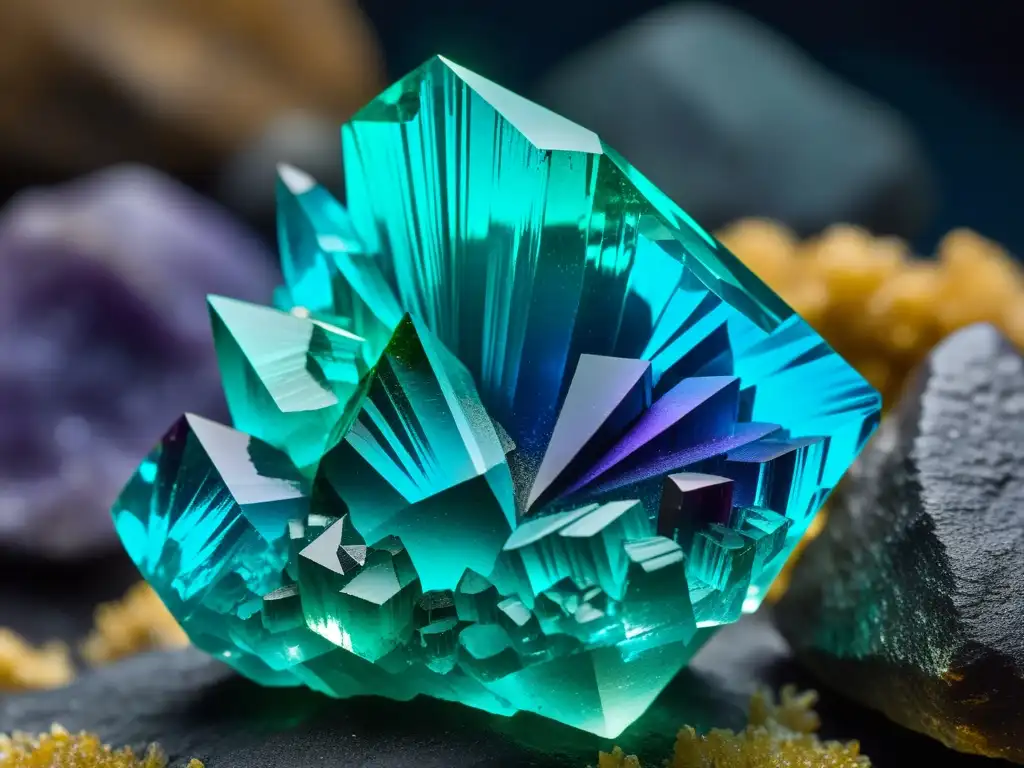 Una imagen detallada de una rara muestra mineral con formaciones cristalinas en vibrantes tonos de azul, amatista y esmeralda