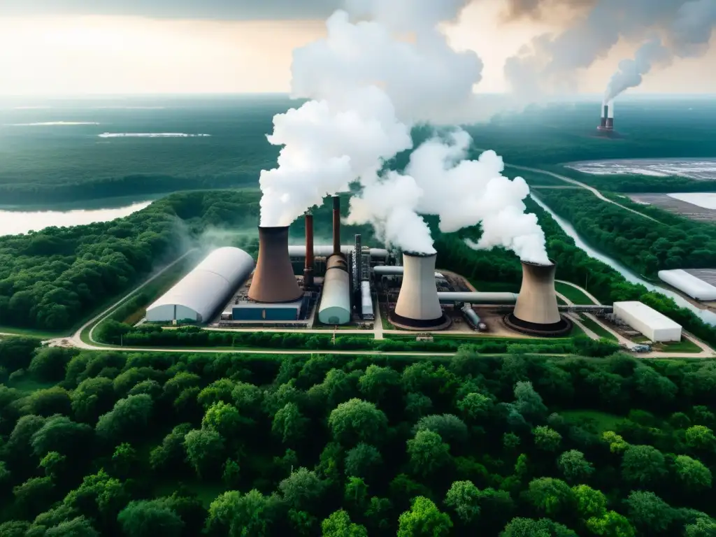 La dualidad industrial: Joyería y medio ambiente Una imagen documental de una fábrica de joyería industrial con humeantes chimeneas, rodeada de vegetación y aguas contaminadas