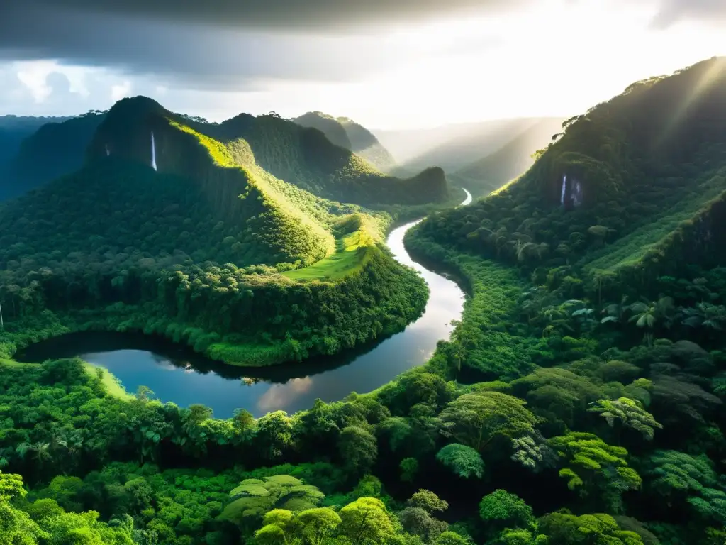 Imagen de un exuberante bosque tropical con ríos serpenteantes, destacando la importancia de la preservación en medio de la IA en la extracción ilegal de minerales