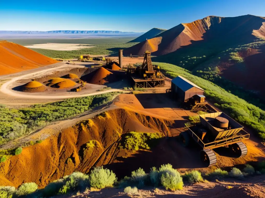 Imagen impactante de un antiguo sitio minero con equipo oxidado esparcido en un paisaje abrupto