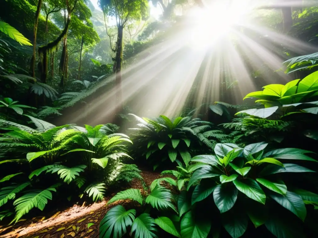 Imagen impactante de un exuberante y denso bosque lluvioso, con árboles imponentes y una vibrante variedad de vida vegetal