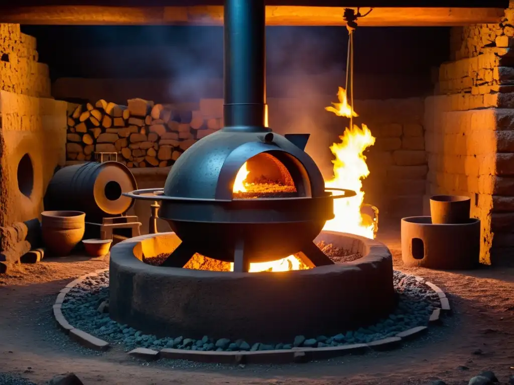 Imagen impactante de un horno de fundición ancestral en plena pirometalurgia en la minería, con fuego, metal fundido y herramientas antiguas