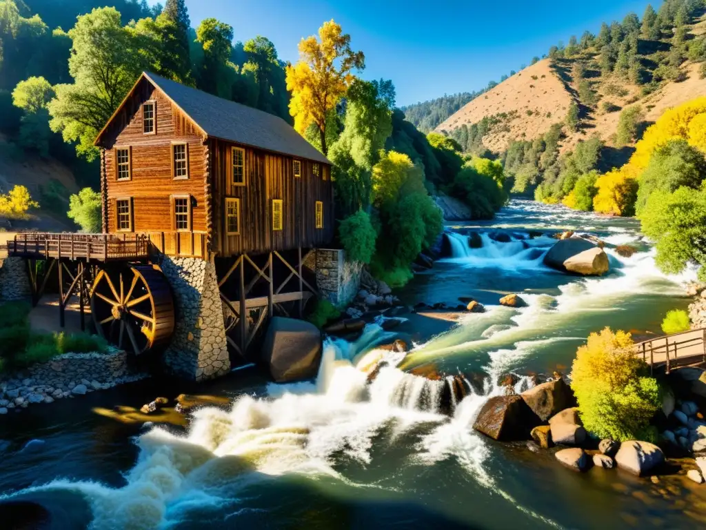 Imagen impactante de Sutter's Mill, con la luz dorada filtrándose entre los árboles hacia el río