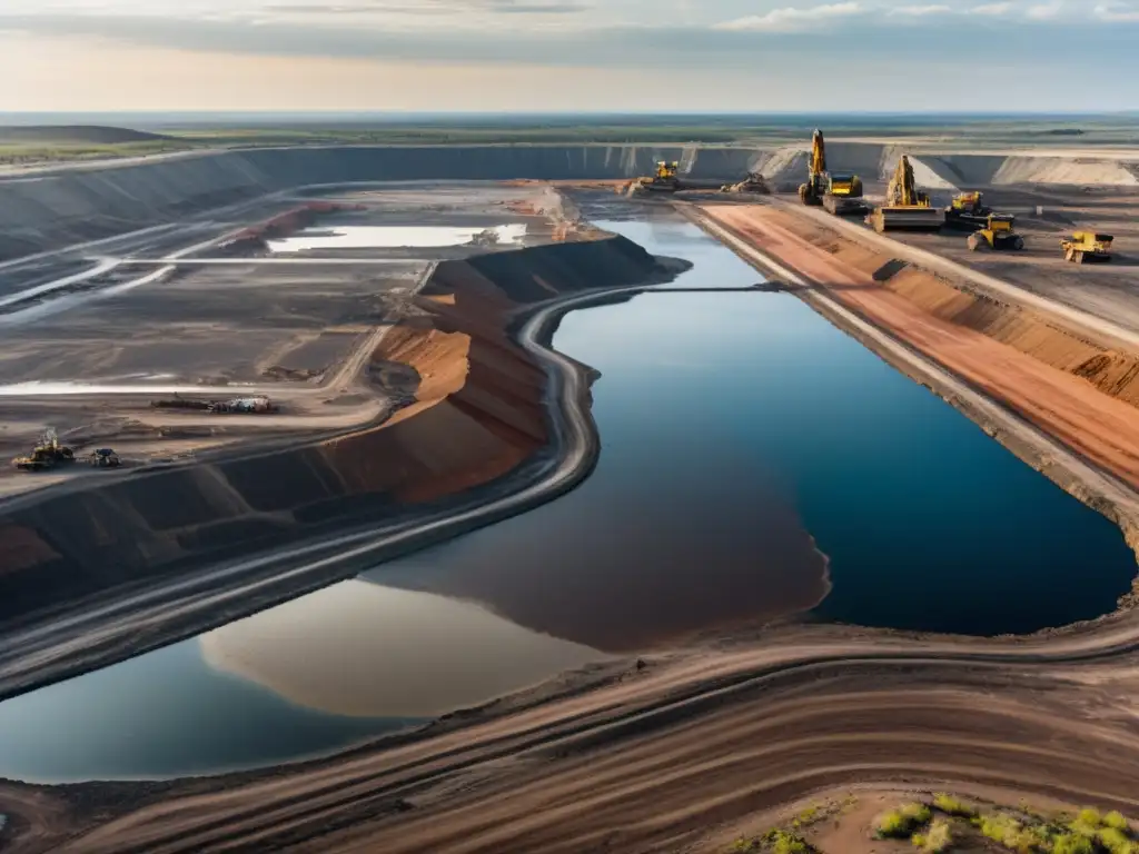 Imagen impactante de una mina a cielo abierto con maquinaria pesada y camiones, mostrando el impacto de la minería en los recursos hídricos