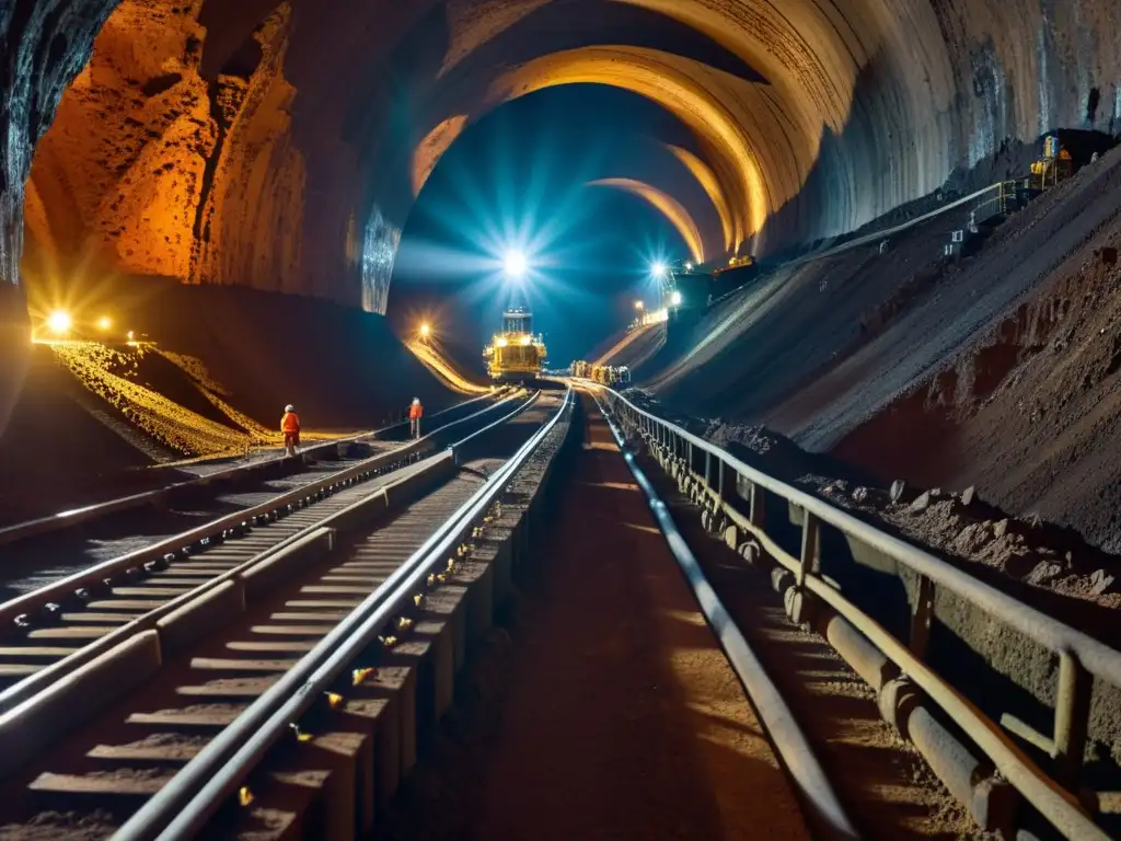 Una imagen impactante de una mina subterránea, donde se aprecian mineros y maquinaria pesada en túneles tenues