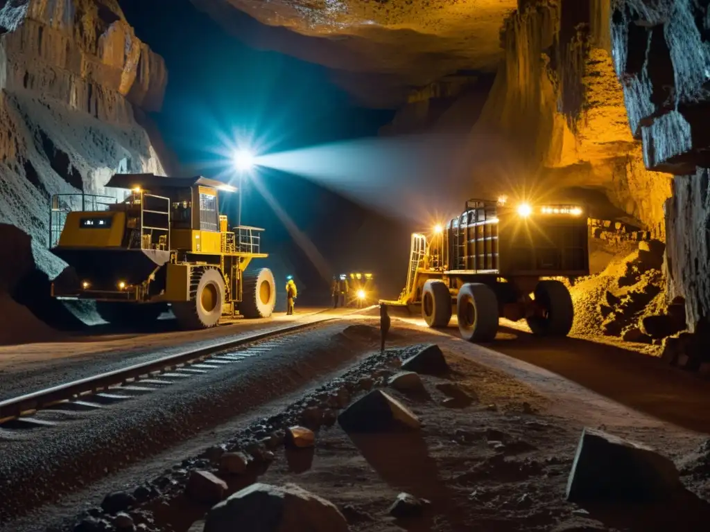 Imagen impactante de la evolución de la minería, con historia, artefactos y equipos de vanguardia iluminados por cálidas luces industriales