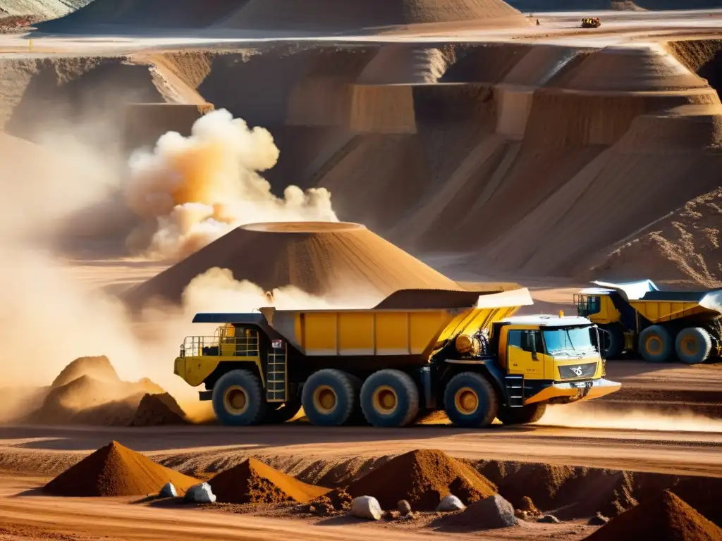 Una imagen intensa de excavación minera, con maquinaria pesada y trabajadores en acción, reflejando la inversión en el mercado de minerales