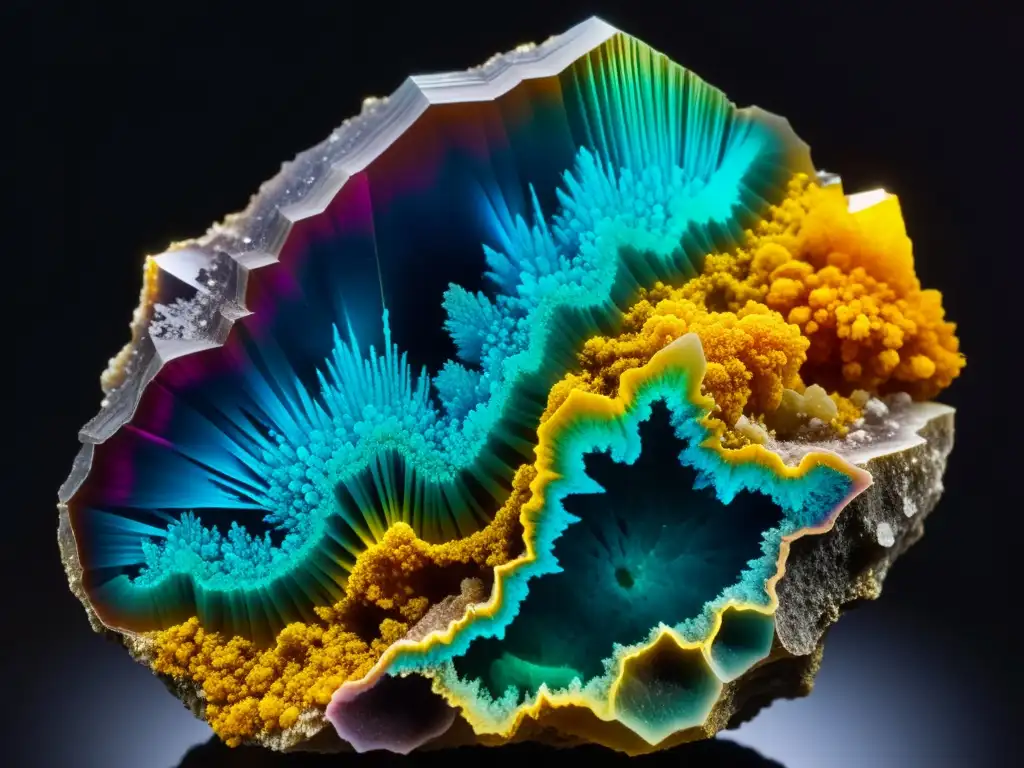 Una imagen de un mineral raro y exótico, con increíbles patrones multicolores, sobre un fondo oscuro