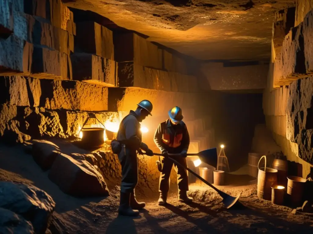 Imagen de mineros usando herramientas tradicionales en una mina histórica, evocando la historia y la autenticidad de la minería manual