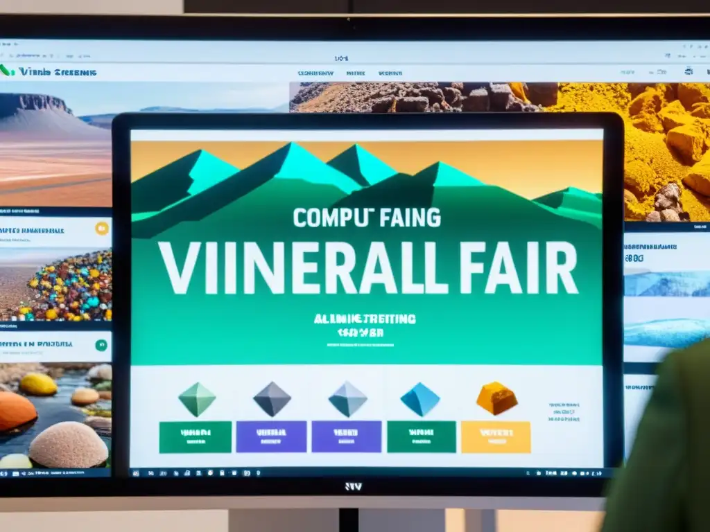 Imagen de pantalla de computadora mostrando feria virtual de minerales con exhibidores, gráficos y creciente popularidad