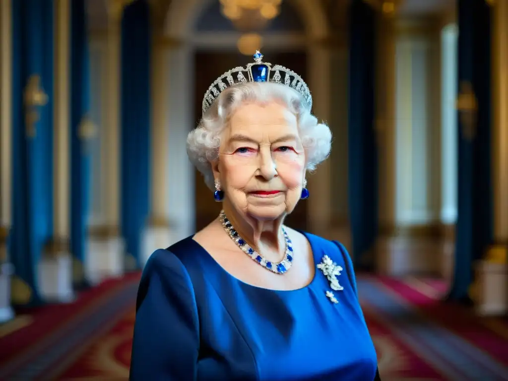 Imagen de la Reina Isabel II con una deslumbrante tiara de zafiros, simbolizando la tradición y la realeza, en el Palacio de Buckingham