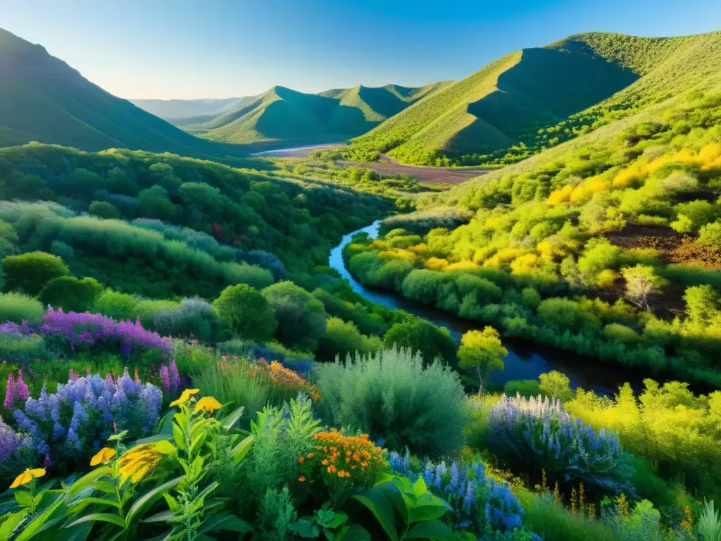 Imagen de restauración de ecosistemas mineros con exuberante vegetación nativa floreciente en el paisaje recuperado