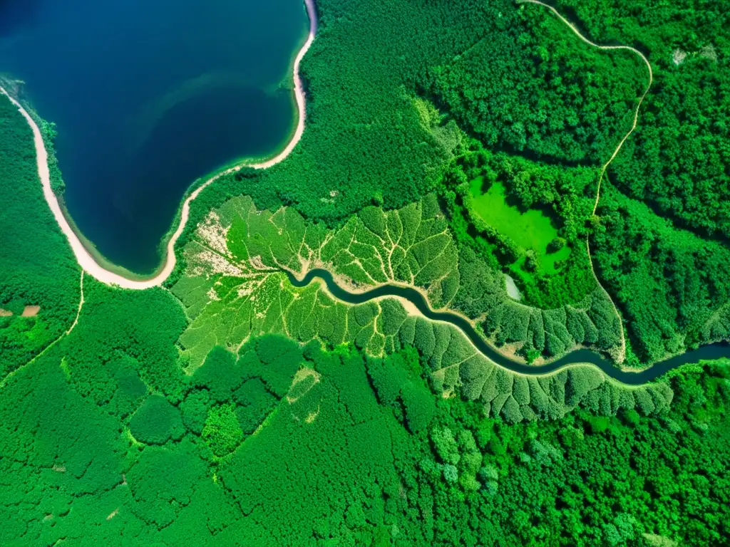 Imagen de satélite de una densa selva con exuberante vegetación verde, ríos y claros