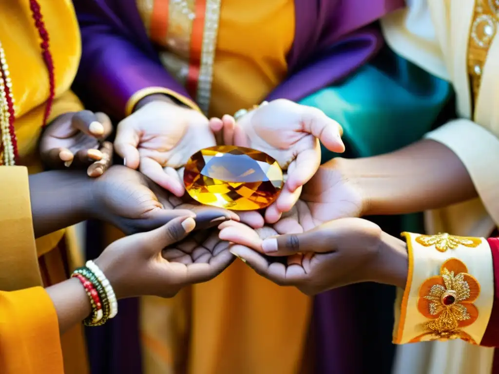 Una imagen vibrante de diversidad cultural con personas sosteniendo citrinos, reflejando esperanza y reverencia