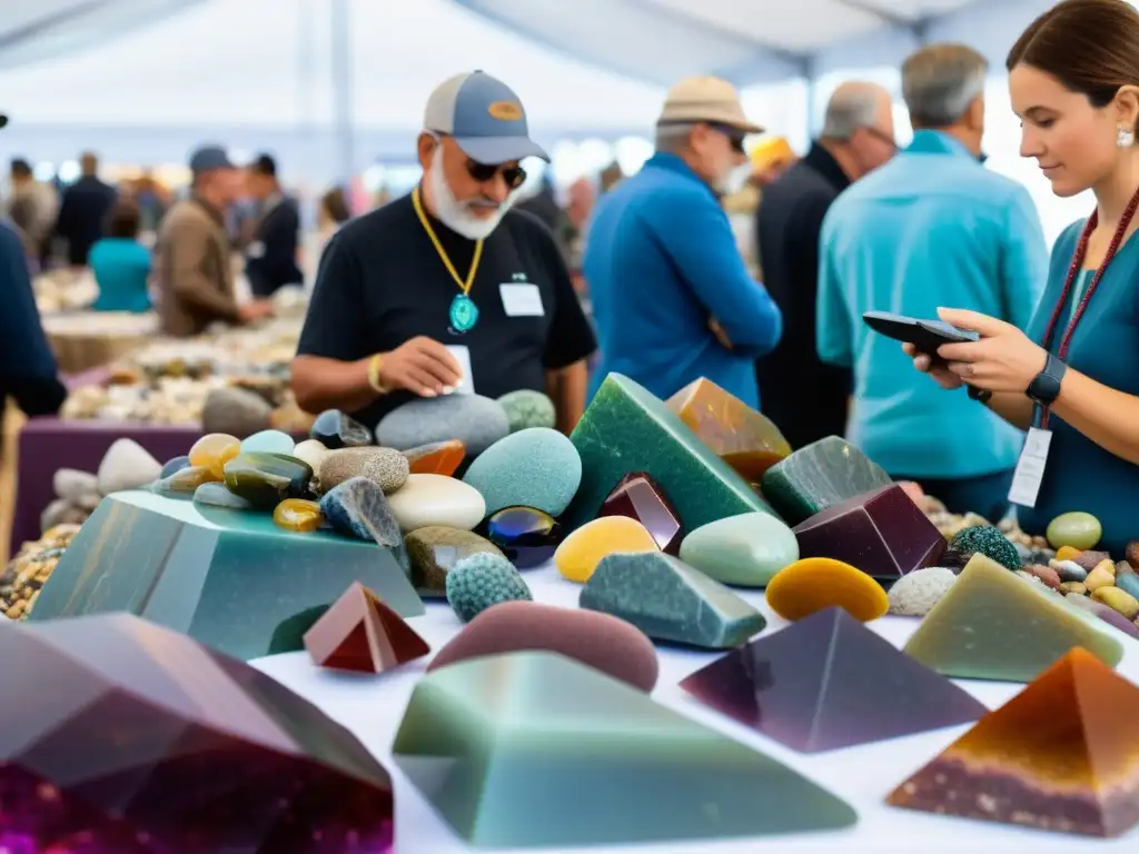 Imagen vibrante de una feria mineral con diversidad de rocas y gemas