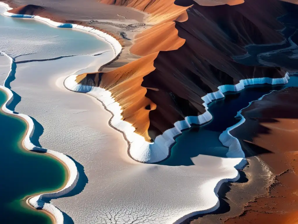 Imagen de yacimientos de nitratos en el Desierto de Atacama, con sus salares, terreno agreste y formaciones minerales únicas