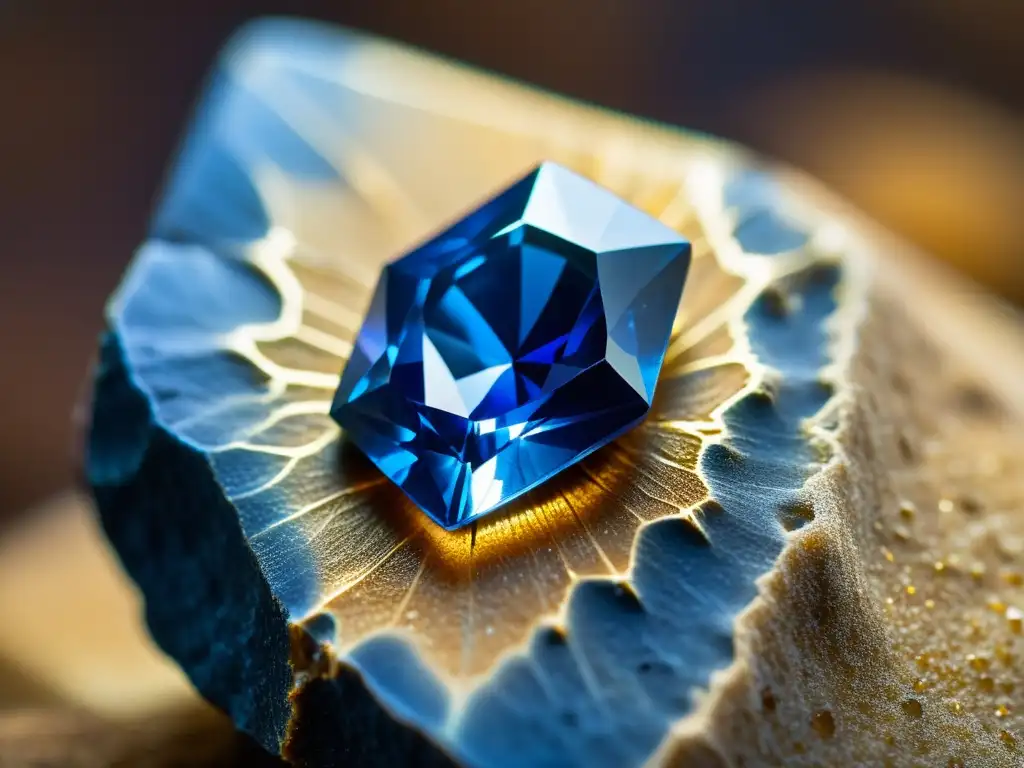 Una impactante fotografía de minerales y gemas: un zafiro brillante en una matriz de roca terrosa