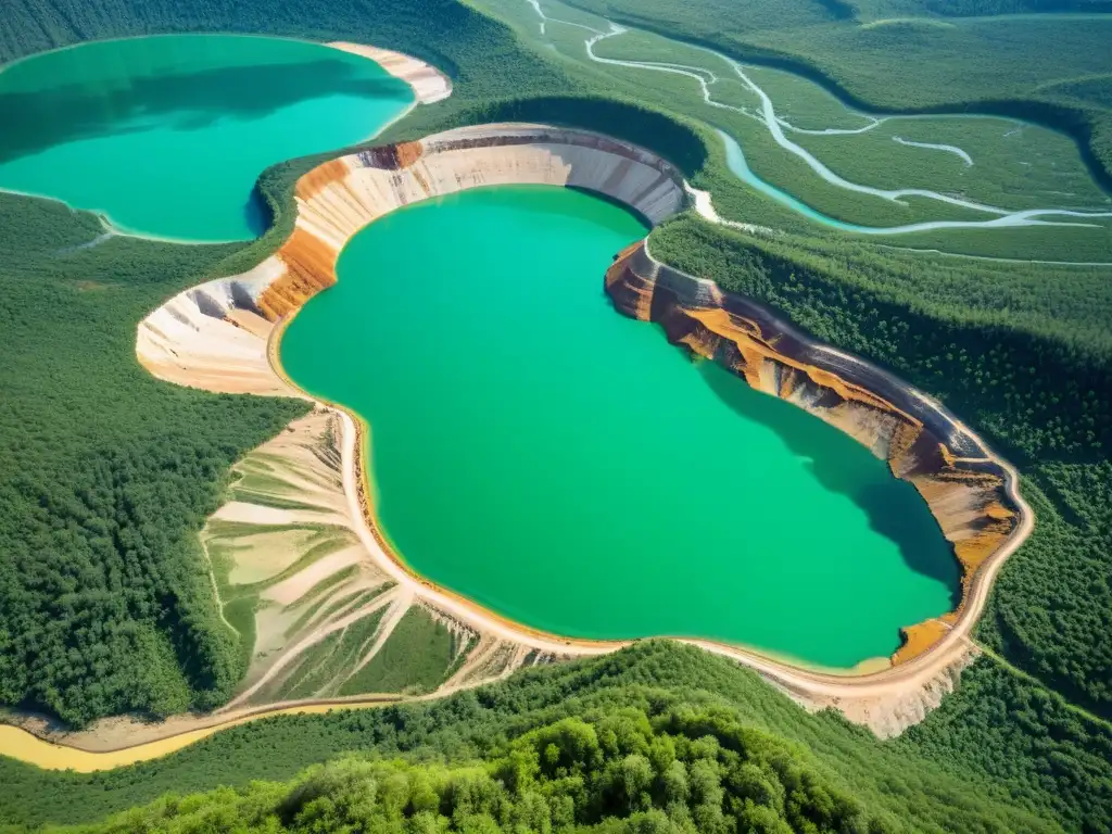 Impacto de la minería en los recursos hídricos: majestuosa mina a cielo abierto rodeada de exuberante naturaleza y ríos sinuosos