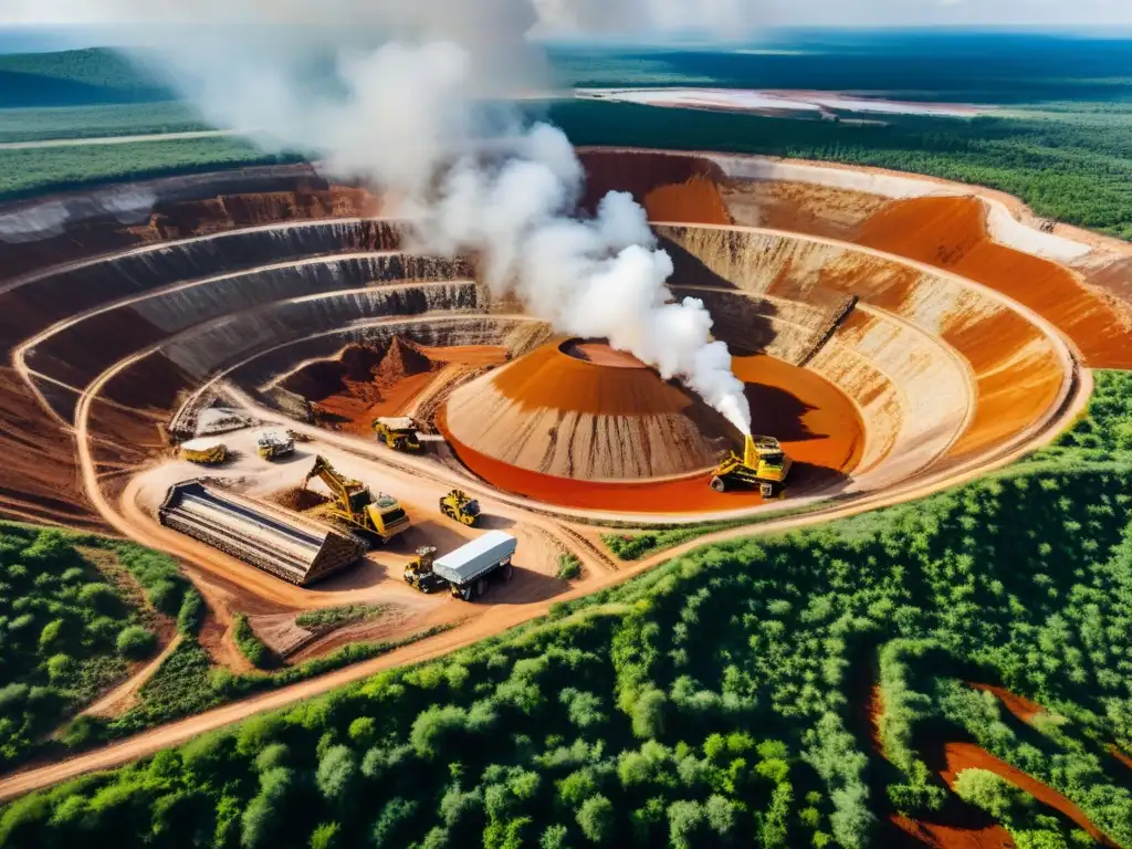 Impacto social de la minería de diamantes: Mina a cielo abierto, maquinaria pesada trabaja en contraste con exuberante vegetación