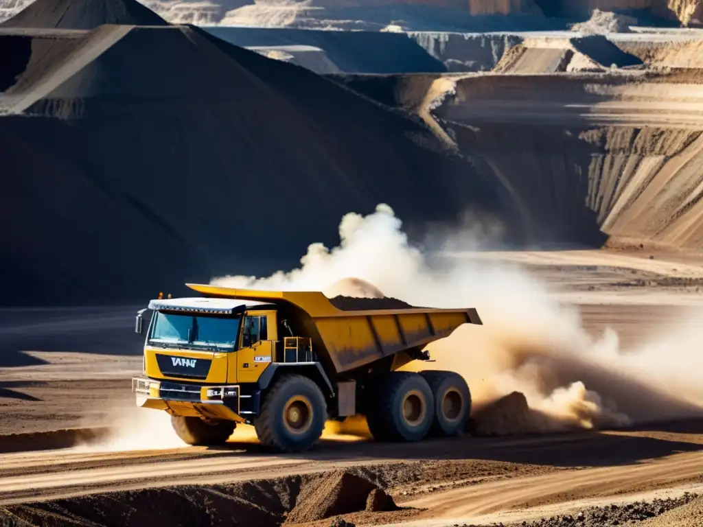 Imponente camión minero en cielo abierto, junto a equipos gigantes y una mina de gran escala