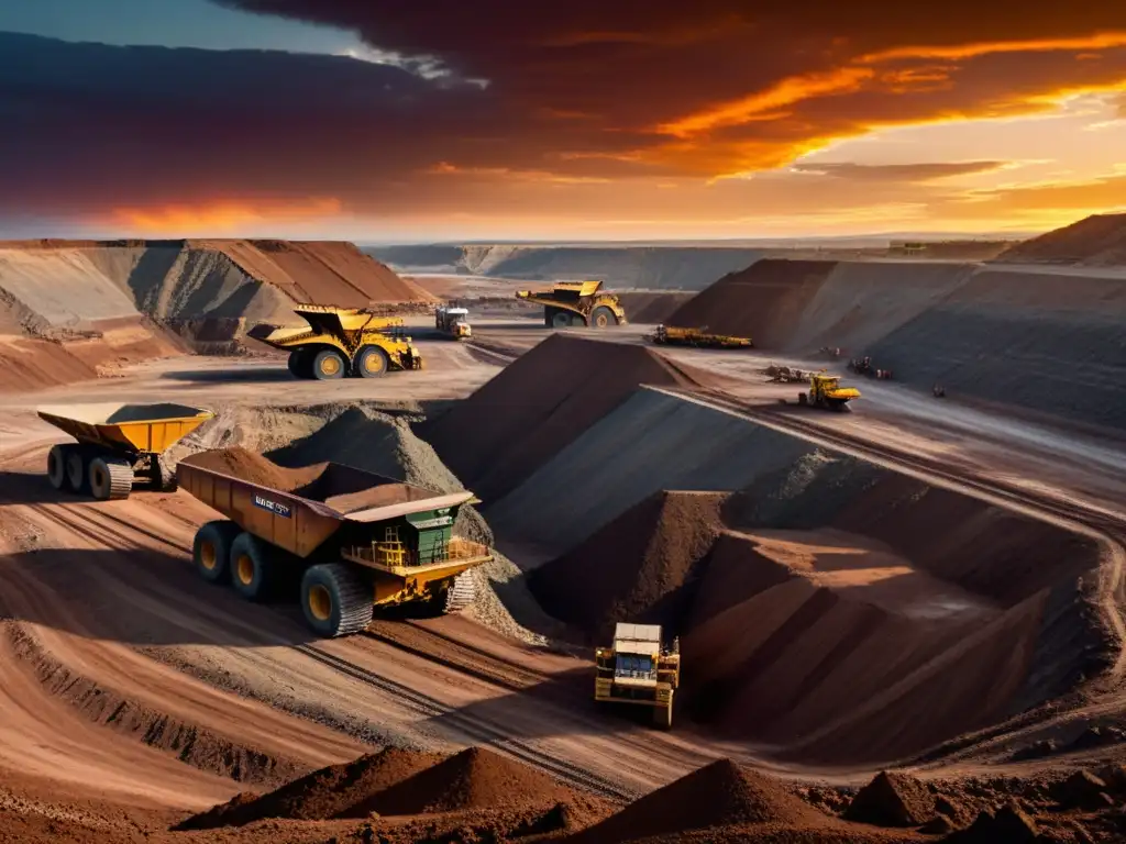 Imponente mina a cielo abierto al atardecer, con maquinaria minera y depósitos minerales, representando el impacto histórico de los minerales