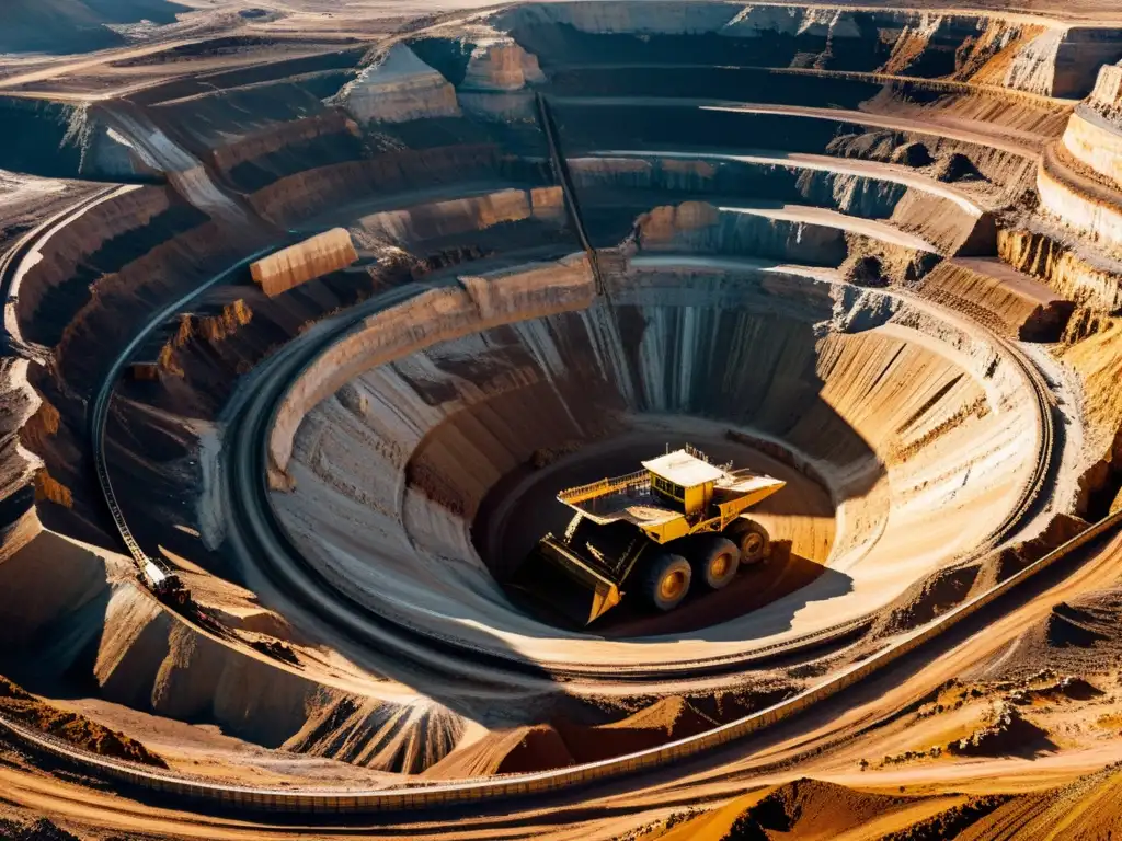 Imponente mina a cielo abierto con maquinaria gigante, reflejo del impacto ambiental de la tecnología en la minería joyería