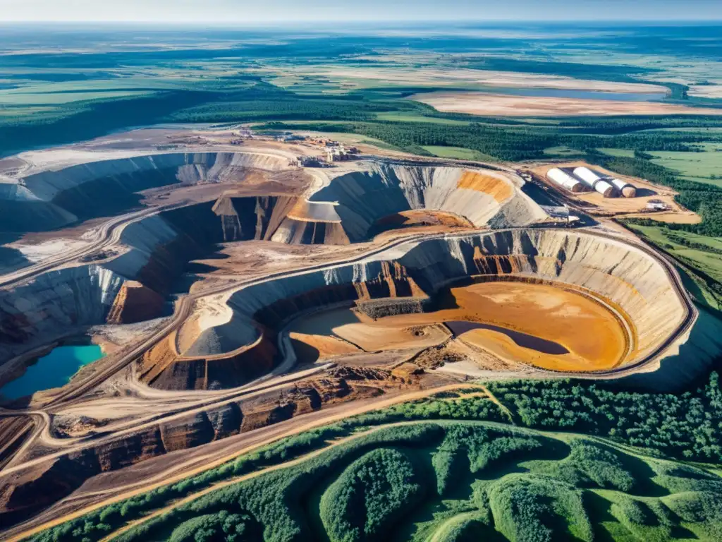 Imponente mina a cielo abierto, con maquinaria gigante y paisaje impactado, revela ventajas y desventajas minería a cielo abierto