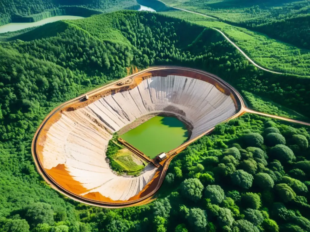 Imponente mina a cielo abierto rodeada de exuberante bosque, destacando el impacto ambiental de la minería de minerales y gemas