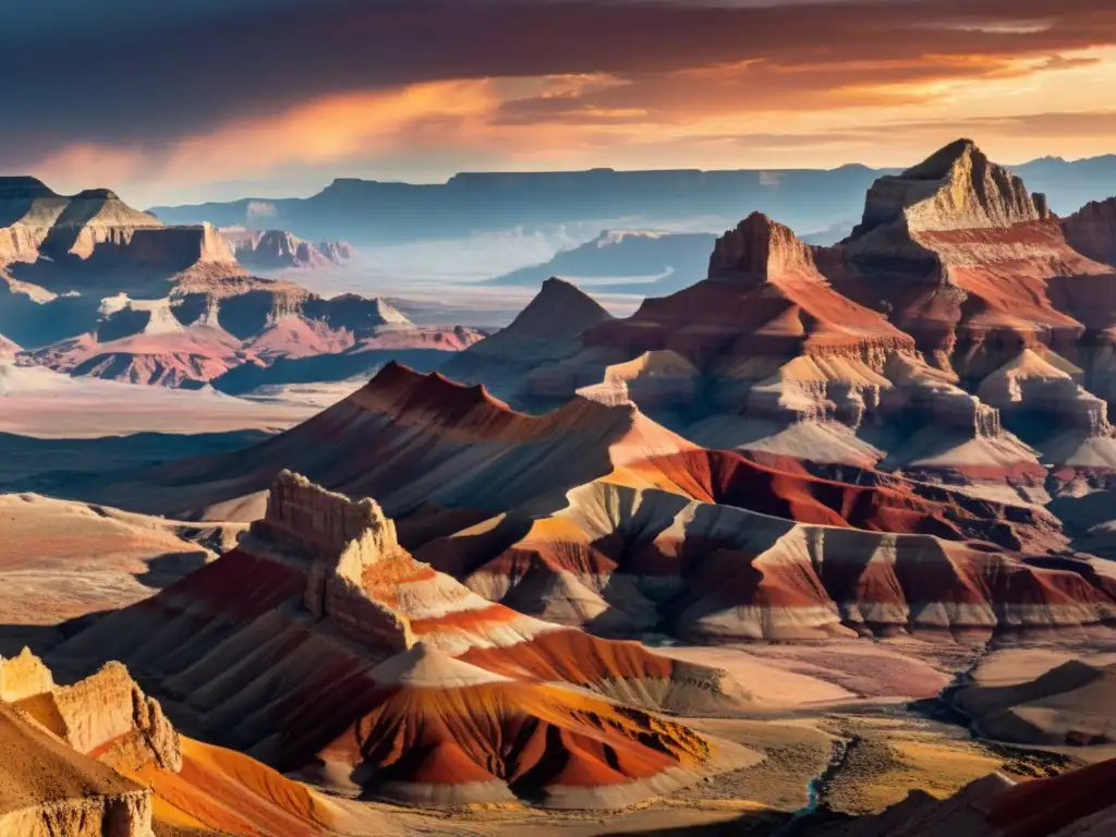 Imponente cordillera al atardecer, con capas de roca sedimentaria en tonos rojizos y marrones, evocando la belleza natural de los minerales