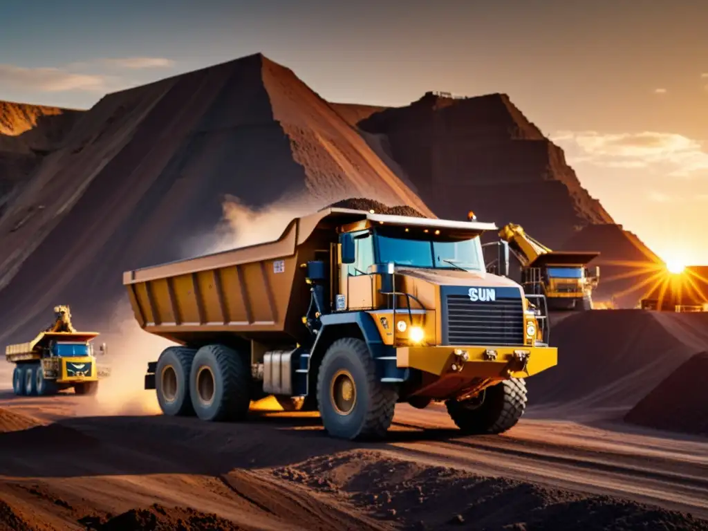 Imponente escena de equipos gigantes de minería en cielo abierto al atardecer, rodeados de trabajadores y maquinaria