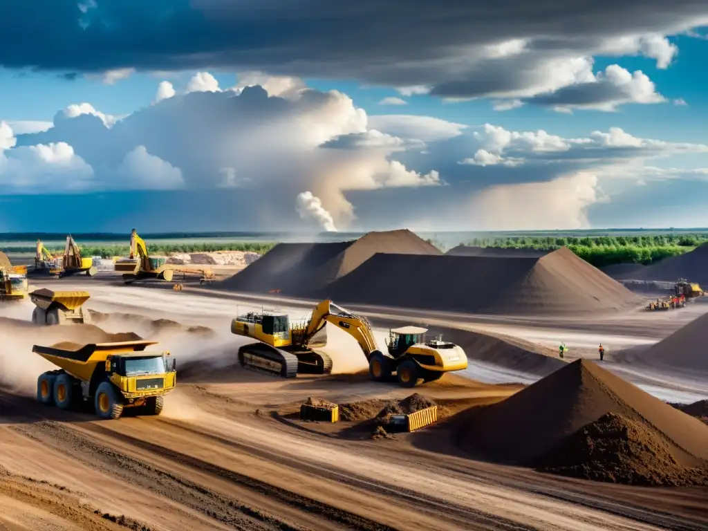 Imponente escena minera con maquinaria pesada, trabajadores y medidas preventivas derrames mineros en un vasto y polvoriento sitio de extracción