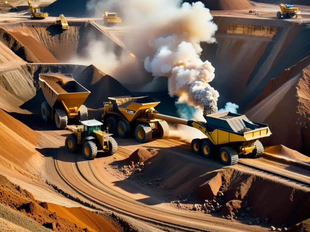 Imponente escena minera con trabajadores y maquinaria en plena extracción de minerales