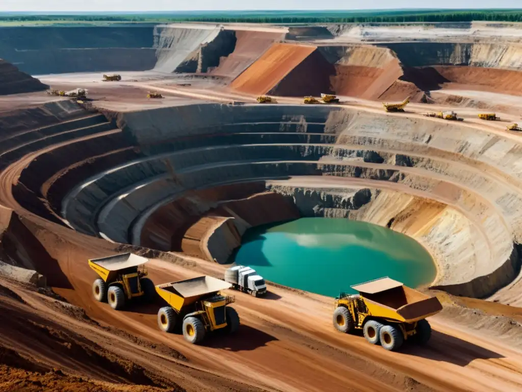Imponente extracción minera con maquinaria pesada y trabajadores, reflejando problemas sociales en la extracción de minerales