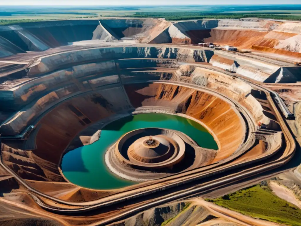 Imponente mina de cobre a cielo abierto, maquinaria gigante y camiones en un paisaje industrial