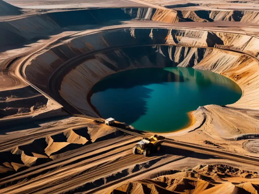 Imponente operación minera en tierra desolada, reflejando el impacto ambiental de la minería de minerales y gemas