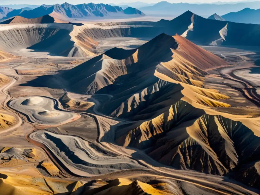 Imponente paisaje montañoso con signos de caza ilegal de minerales raros, mostrando la dura realidad de la intervención humana en la naturaleza