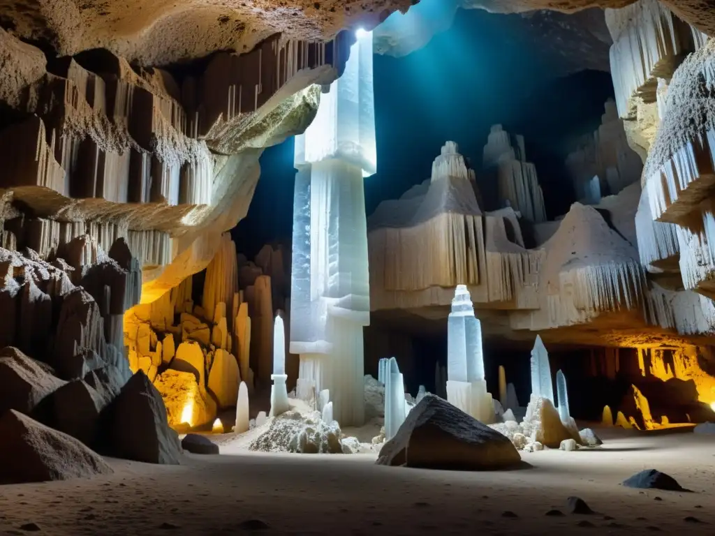 Imponentes cristales gigantes de Naica, México, iluminados en la cueva, creando un espectáculo de luces y sombras