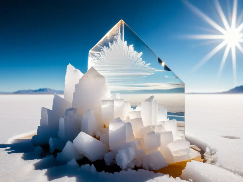 Un impresionante cristal de halita en un salar, reflejando la salinidad y precipitación de minerales halógenos en la naturaleza