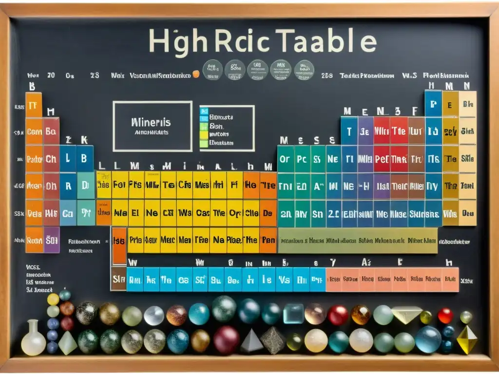 Una impresionante imagen documental de minerales y tabla periódica en pizarra vintage, con anotaciones detalladas