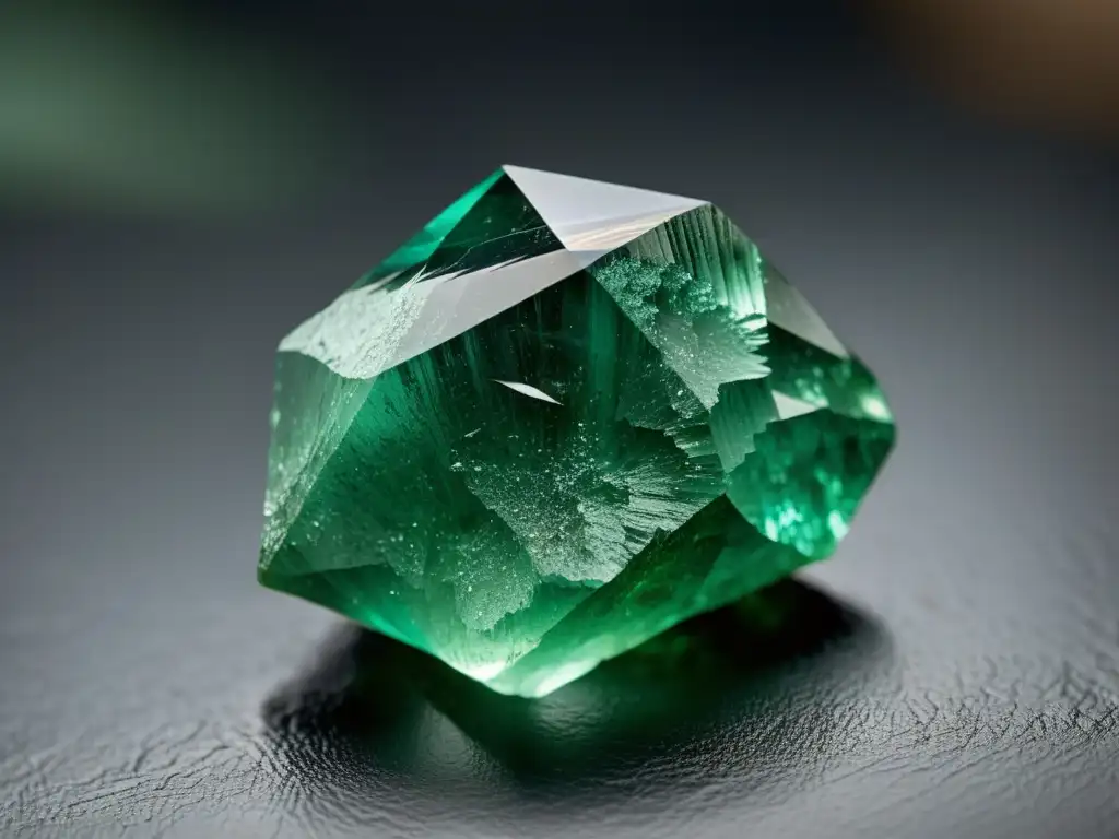 Una impresionante imagen de una esmeralda cruda y sin cortar, con un intenso color verde y una textura natural, destacada por una iluminación sutil