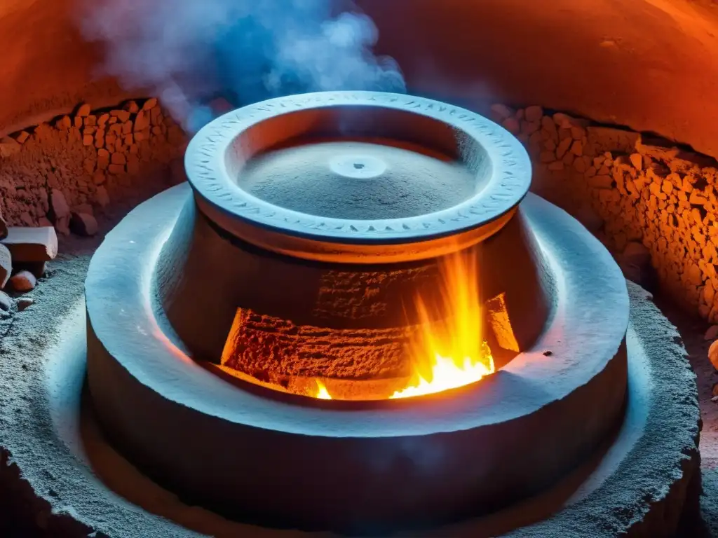 Una impresionante imagen de un horno de arcilla tradicional en la minería ancestral, con detalles intrincados y un brillo ardiente