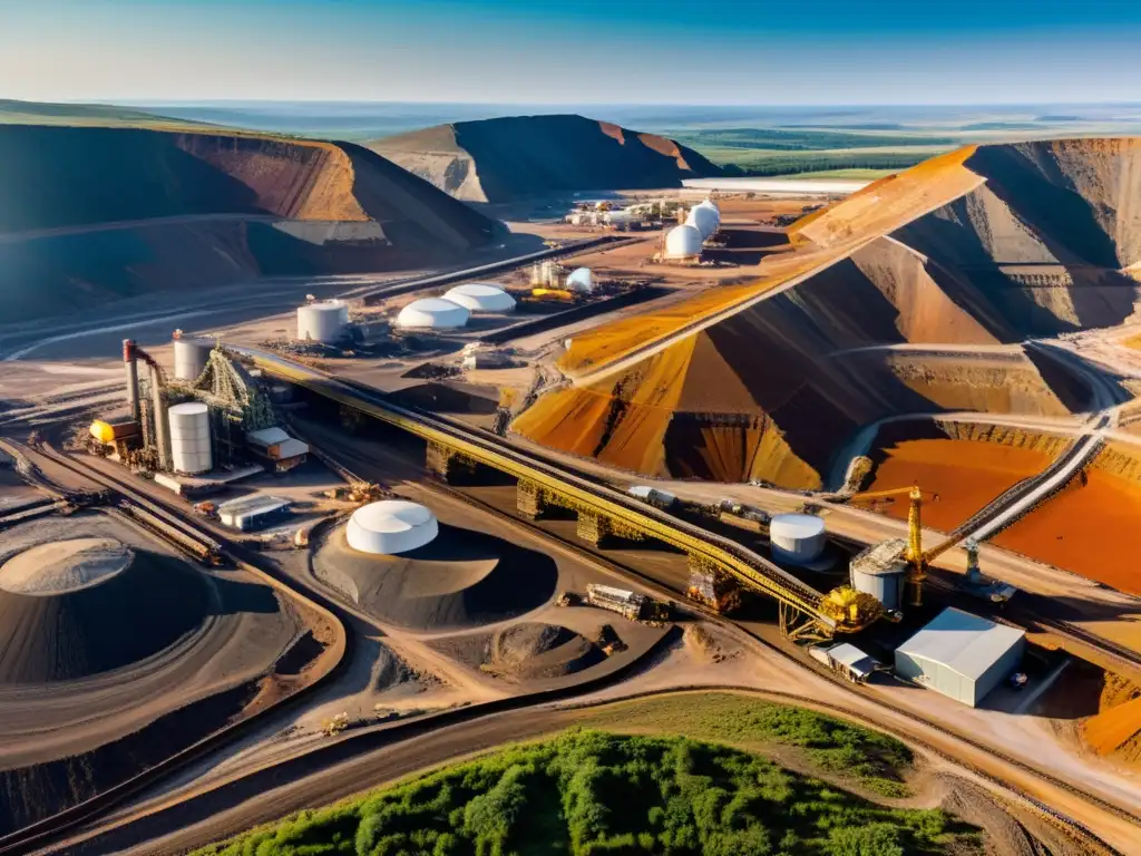 Una impresionante imagen de una operación minera moderna, mostrando maquinaria y paisaje mineral rico