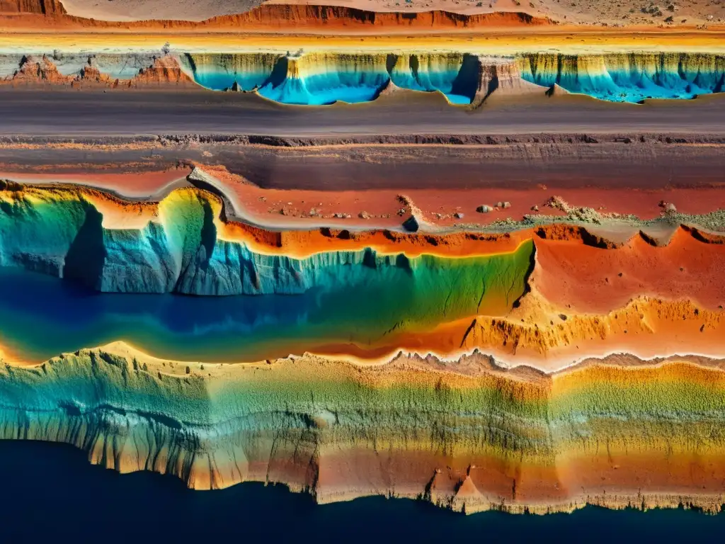 Una impresionante imagen de alta resolución de una sección transversal de las capas de la Tierra, con colores vibrantes y formaciones minerales, evocando la curiosidad y la maravilla de la geología yacimientos minerales webinars