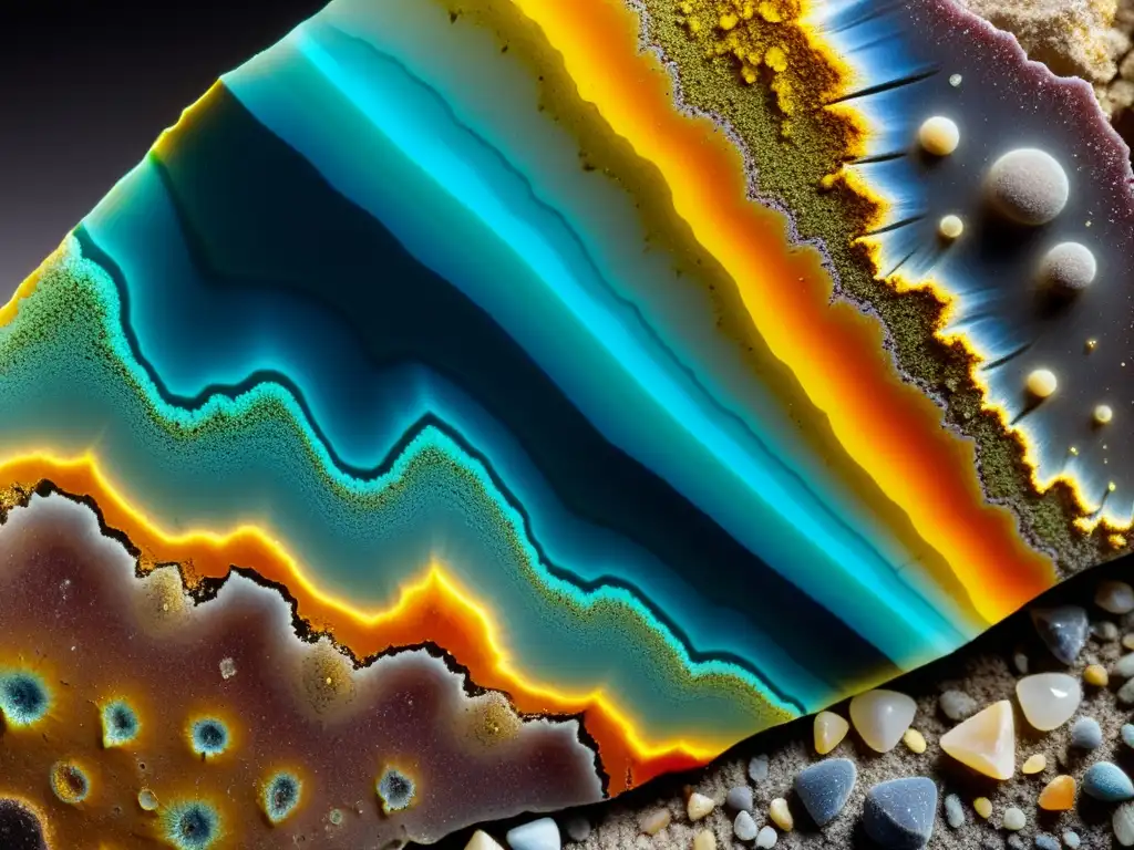 Una impresionante fotografía de alta resolución muestra los intrincados detalles de un espécimen rocoso, resaltando la diversidad y complejidad de los minerales ígneos, sedimentarios y metamórficos