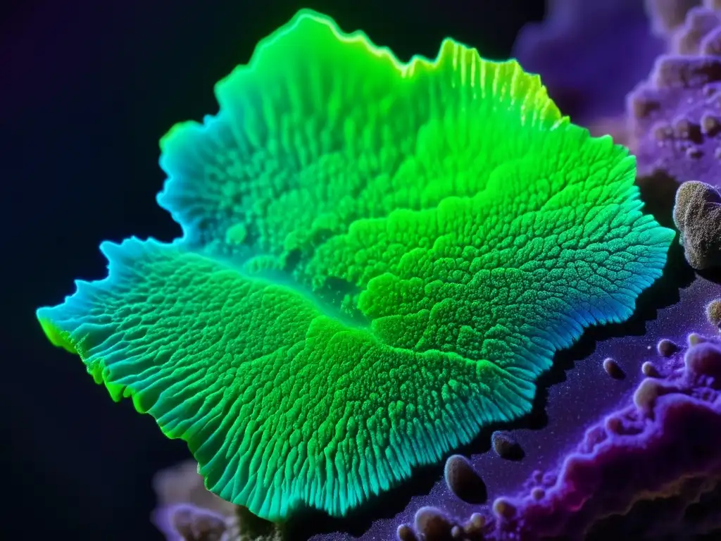 Una impresionante fotografía de un mineral fluorescente bajo luz ultravioleta, revelando patrones intrincados y colores vibrantes