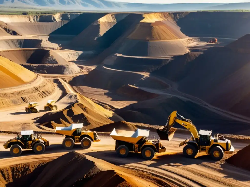 Un impresionante paisaje minero con trabajadores y maquinaria pesada