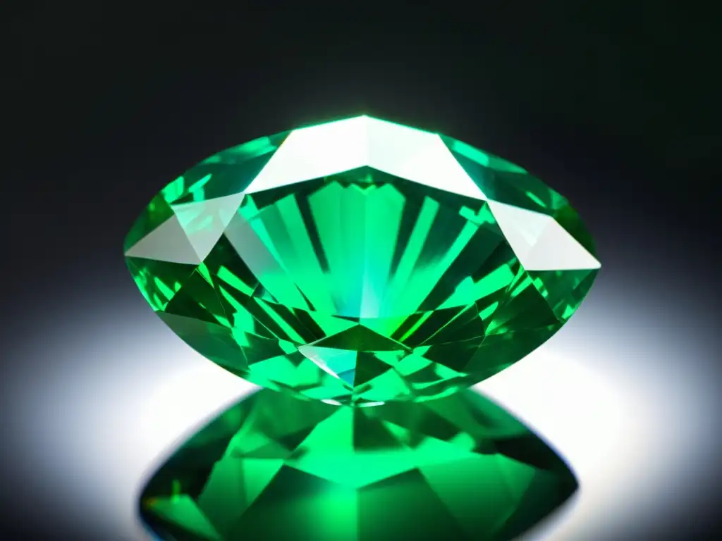 Una impresionante fotografía de producto de gemas que captura la belleza única y el misticismo de un esmeralda perfectamente cortada y pulida, resaltando sus tonos verdes y reflejos brillantes