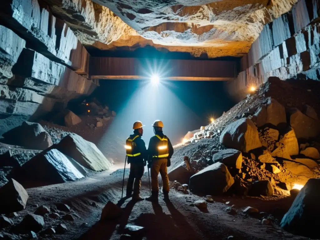 Una impresionante vista de una mina profunda y oscura con mineros en cascos y lámparas frontales, rodeados por capas de roca y depósitos minerales