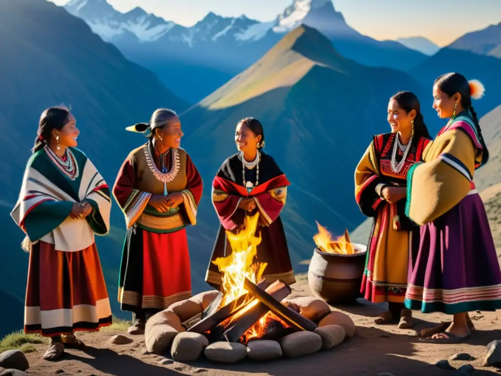 Indígenas andinos danzando alrededor del fuego, con trajes tradicionales y paisaje montañoso al atardecer